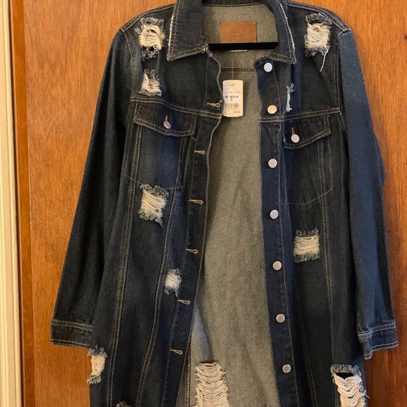 Distressed Long Jean Jacket - Picture 1 of 3